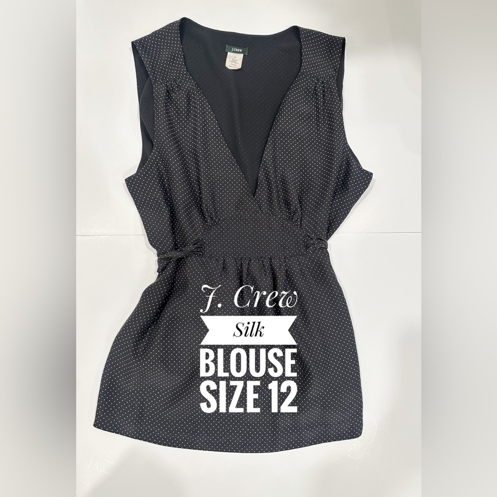 J.Crew 100% Silk Polka Dot Blouse Size 12 Black White Sleeveless Top